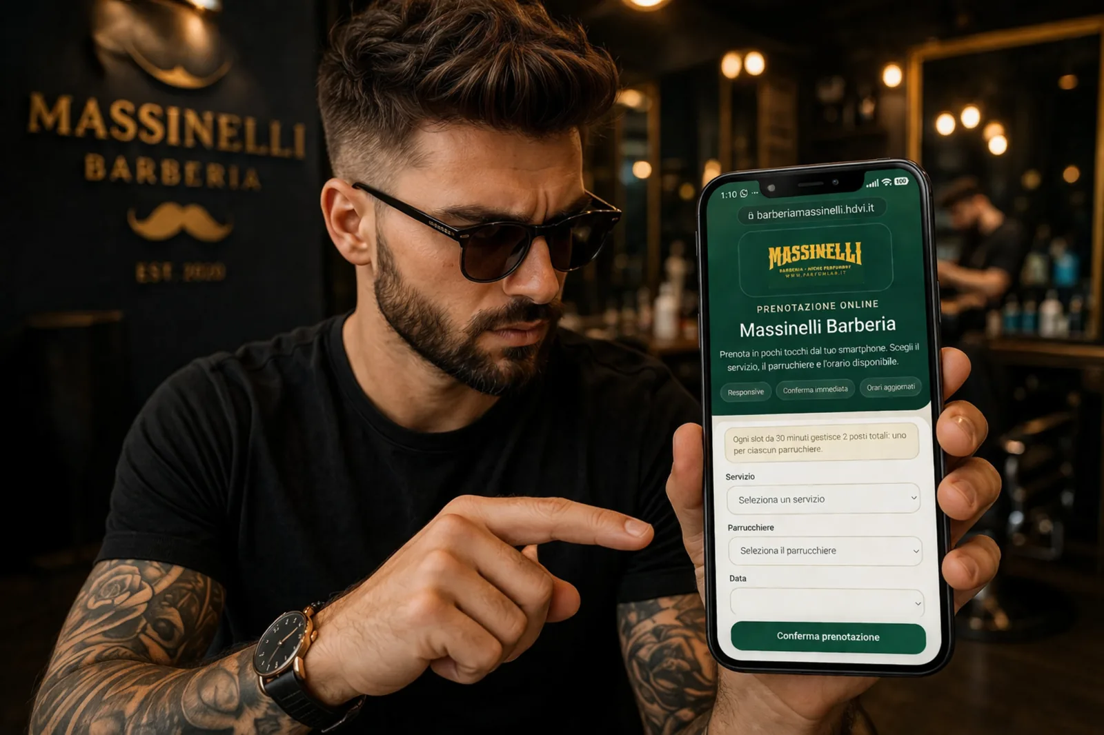 Cliente barberia che prenota da smartphone con sistema HDVI
