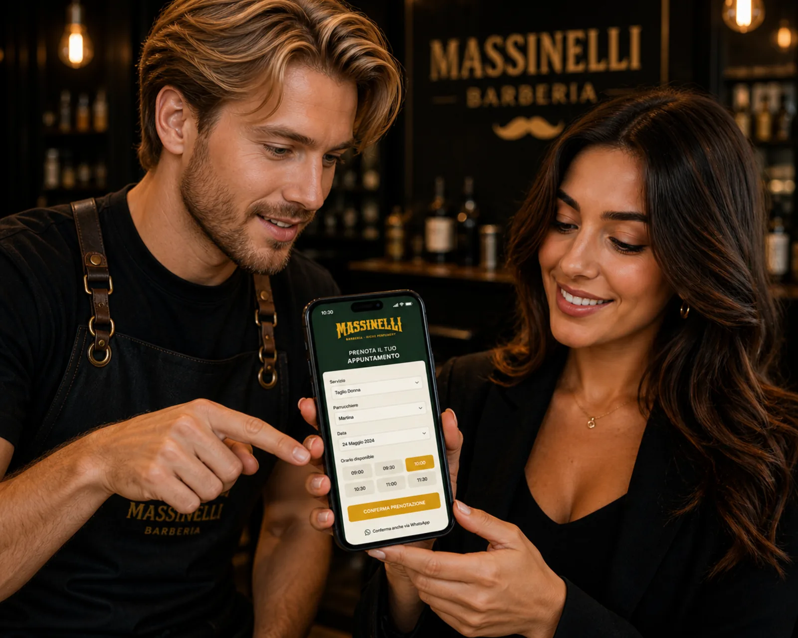 Staff barberia che spiega a una cliente come prenotare online