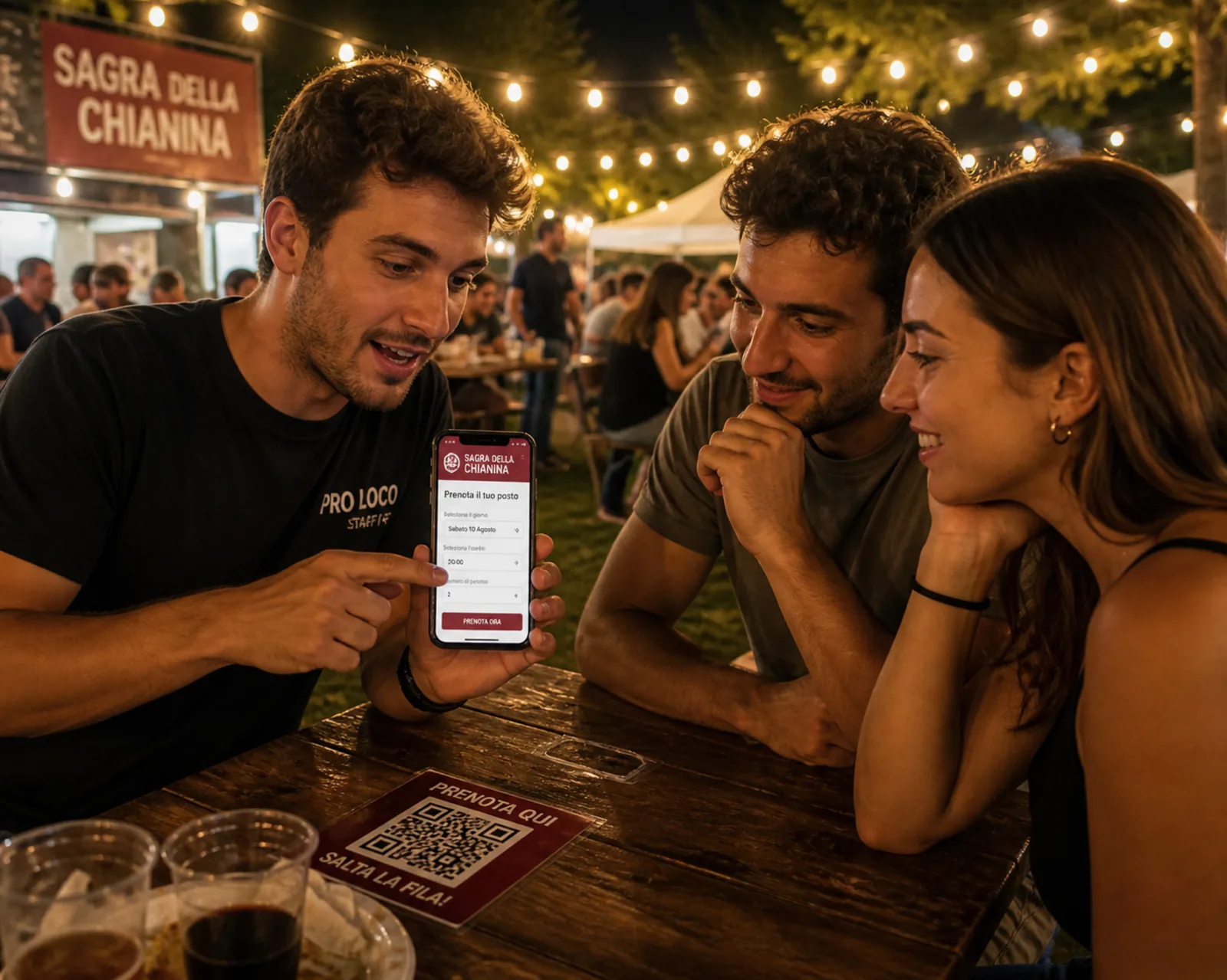 Persona che mostra a due amici come prenotare alla sagra tramite app HDVI